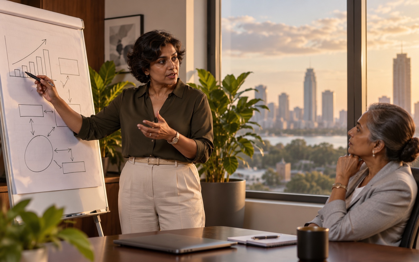 Business leader presenting a strategy at a whiteboard