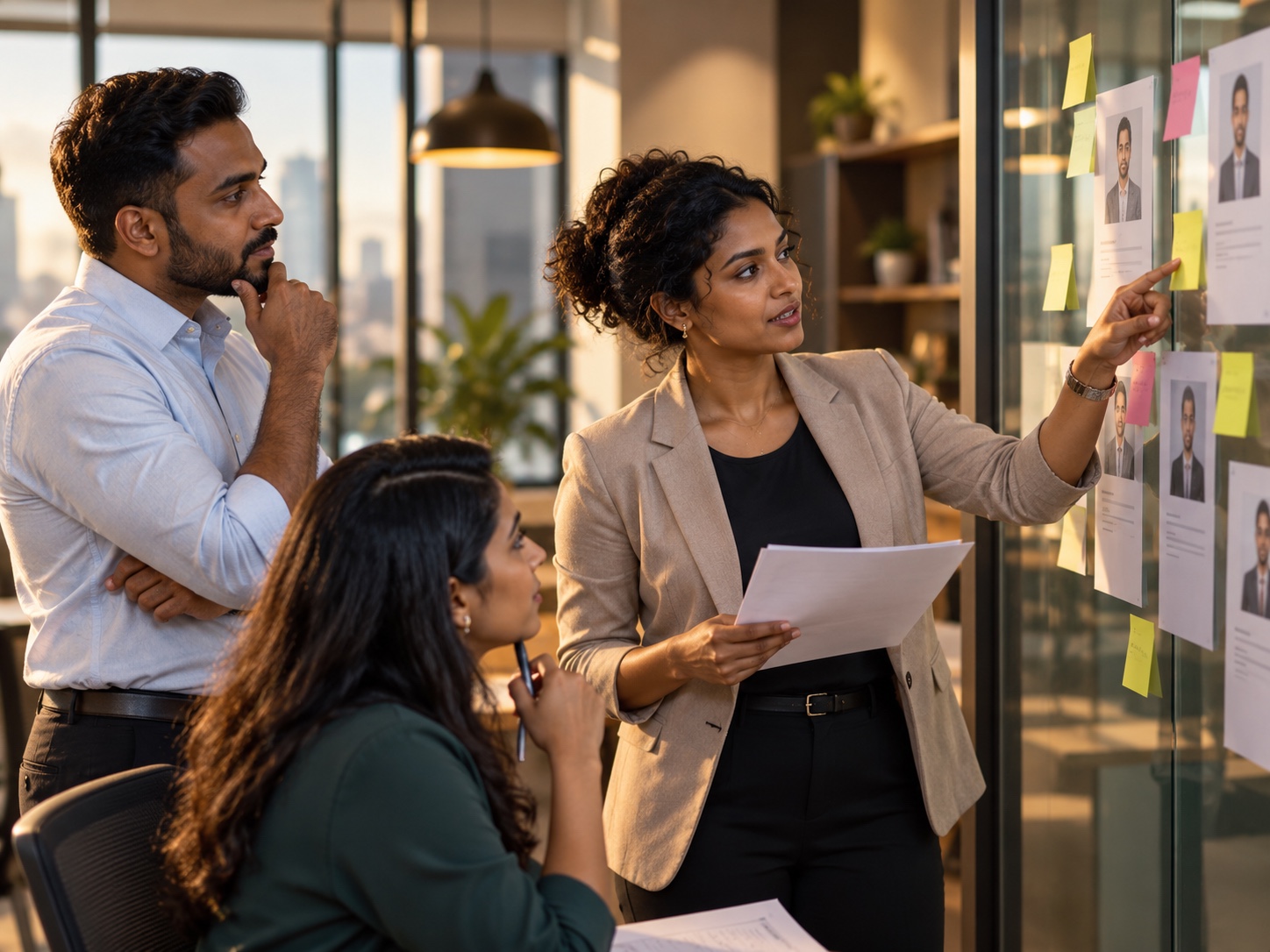 Hiring team evaluating candidate profiles together