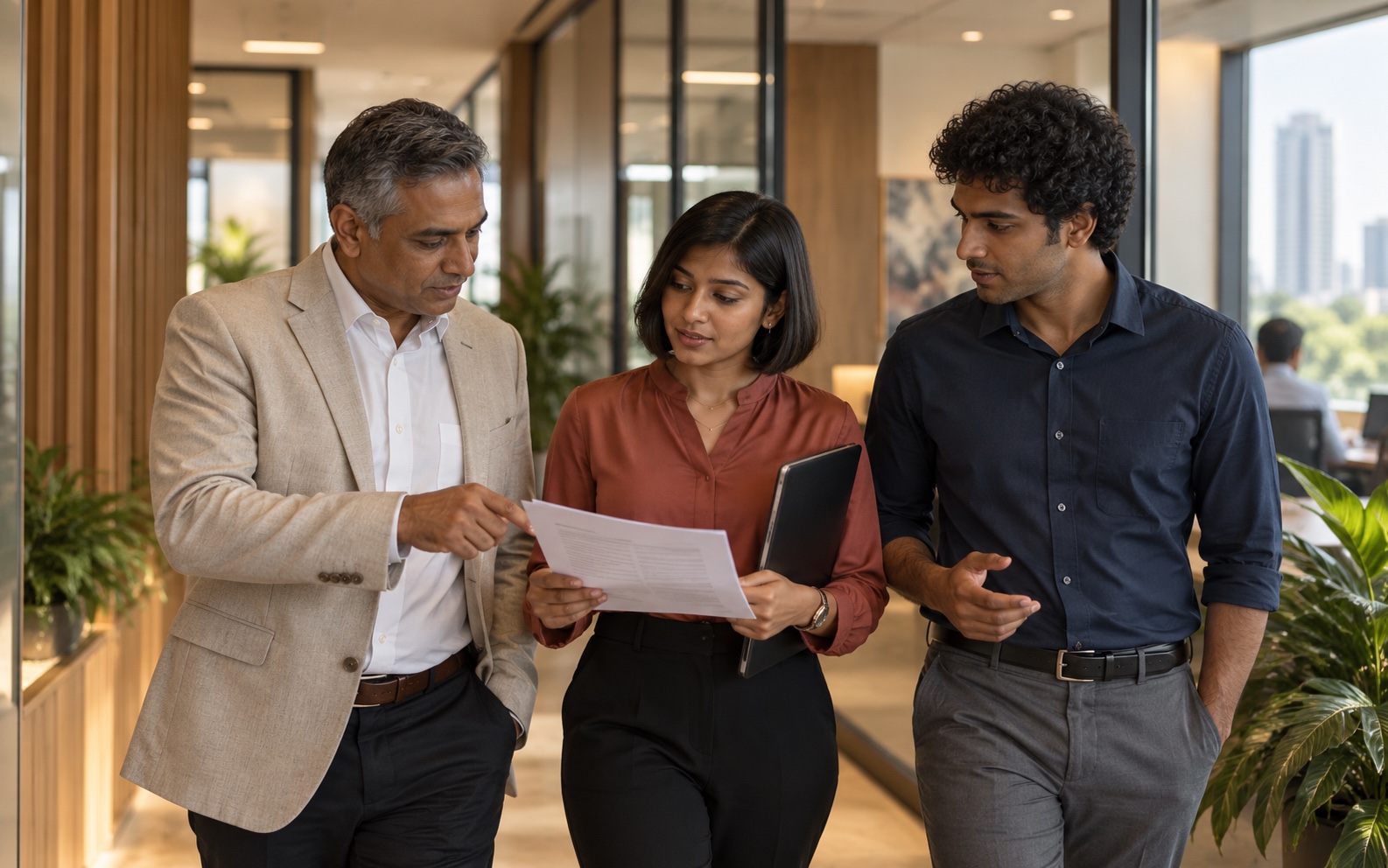 Three professionals reviewing a document together