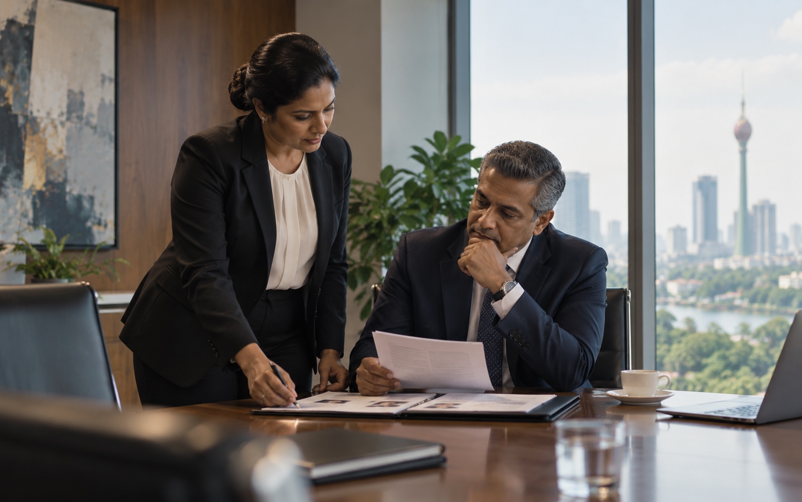 Two senior professionals reviewing candidate information