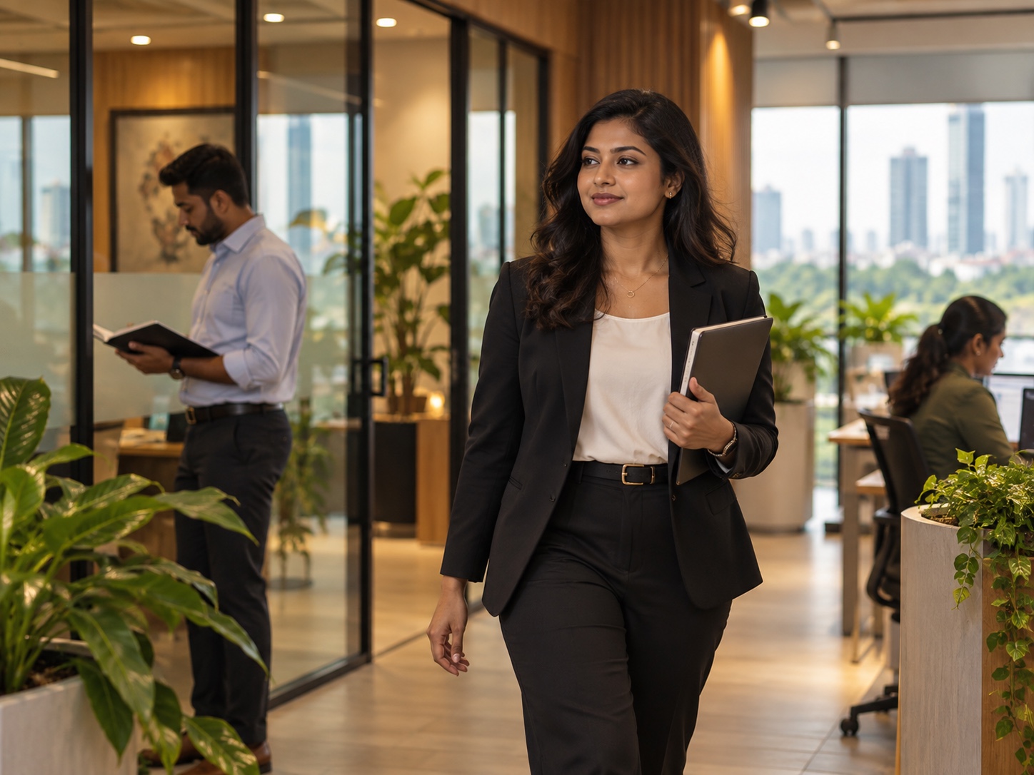 Sri Lankan professional walking through a modern office
